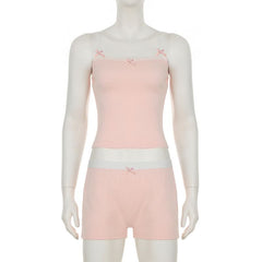 Bowknot lace hem cami short pant set