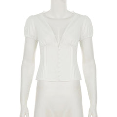 Puff sleeve v neck ruched button lace hem top