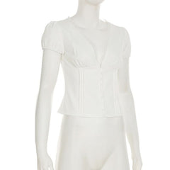 Puff sleeve v neck ruched button lace hem top