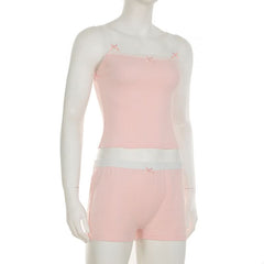 Bowknot lace hem cami short pant set