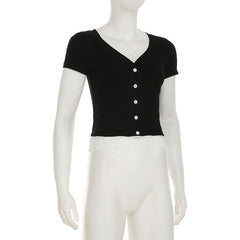 Short pant v neck lace hem button top