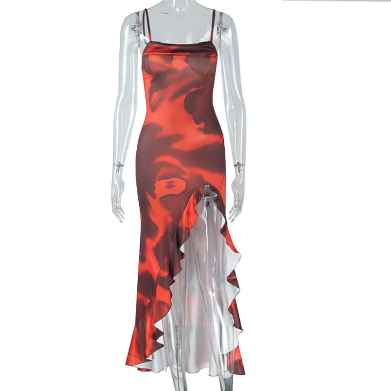 Ruffle contrast high slit cami maxi dress