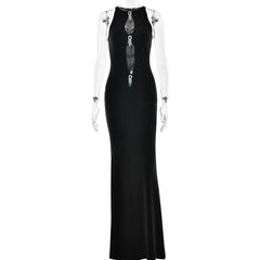 Hollow out metal applique cut out maxi dress