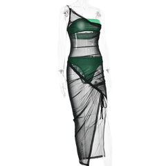 Drawstring mesh one shoulder 3 piece tube short pant set