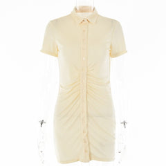 Turnover collar short sleeve ruched button mini dress