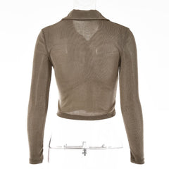 Turnover collar long sleeve ruched button crop top