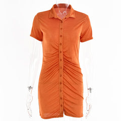 Turnover collar short sleeve ruched button mini dress