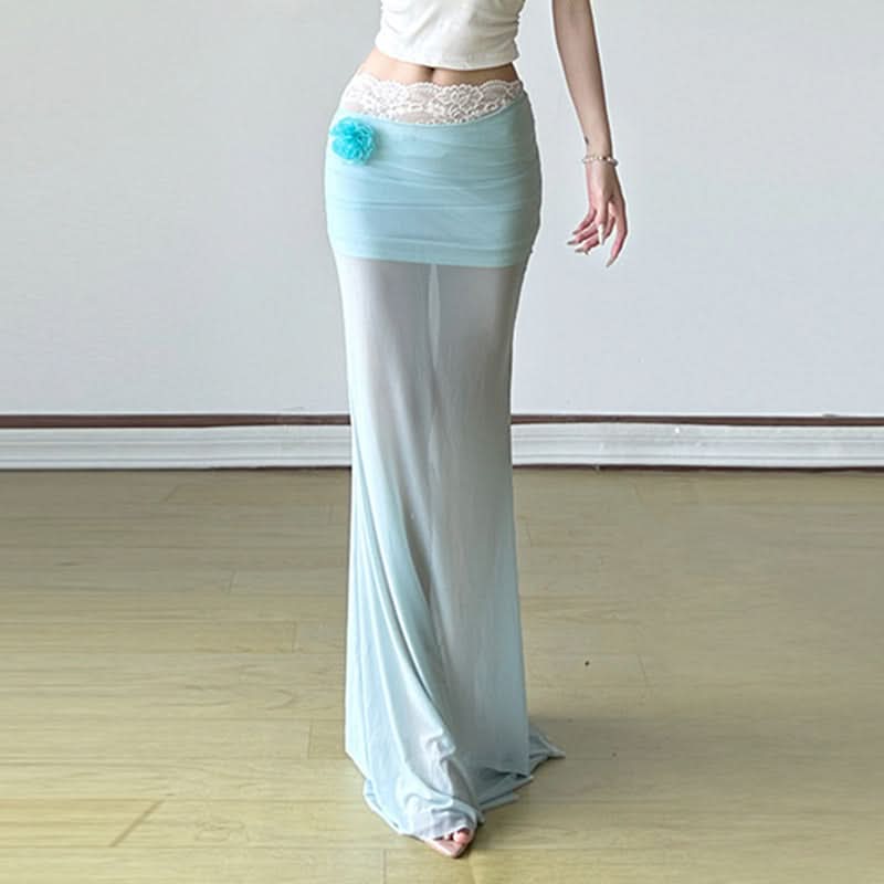 Flower applique lace hem mesh maxi skirt
