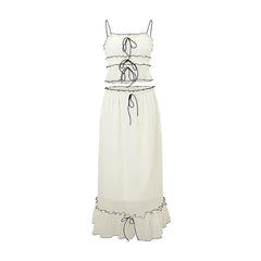 Ruffle stitch smocked bowknot cami maxi skirt set