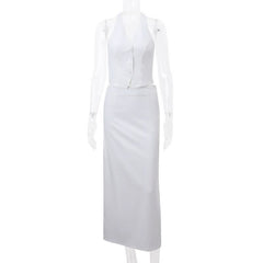Halter v neck button knotted maxi skirt set