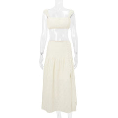 Square neck button slit crop maxi skirt