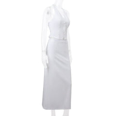 Halter v neck button knotted maxi skirt set