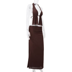 Halter self tie ruched mesh maxi skirt set