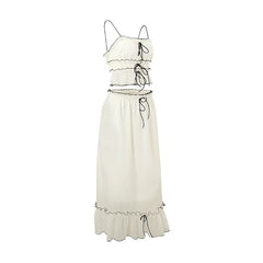 Ruffle stitch smocked bowknot cami maxi skirt set