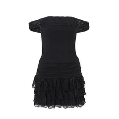 Off shoulder bowknot ruffle ruched mini skirt set