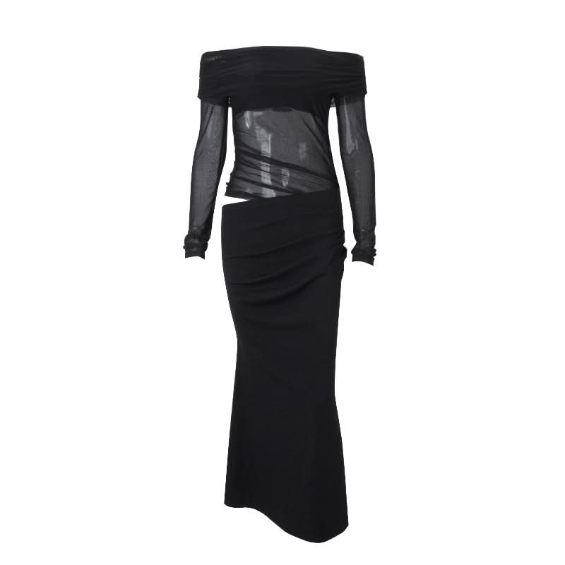 Long sleeve off shoulder mesh hollow out cut out maxi dress