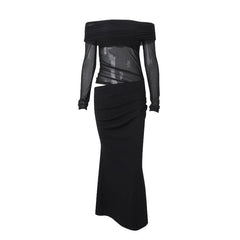 Long sleeve off shoulder mesh hollow out cut out maxi dress