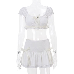 Puff sleeve bowknot smocked ruched mini skirt set