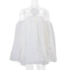 Off shoulder halter mesh flower applique mini dress