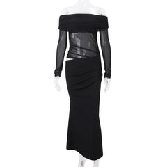 Long sleeve off shoulder mesh hollow out cut out maxi dress