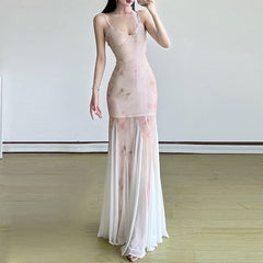 V neck flower print mesh patchwork cami maxi dress