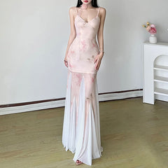 V neck flower print mesh patchwork cami maxi dress