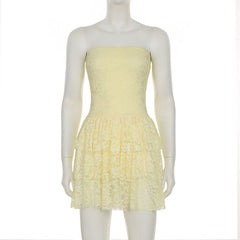 Lace ruffle ruched tube mini dress