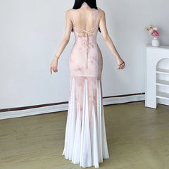V neck flower print mesh patchwork cami maxi dress
