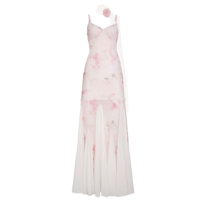 V neck flower print mesh patchwork cami maxi dress