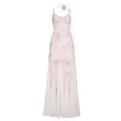 V neck flower print mesh patchwork cami maxi dress