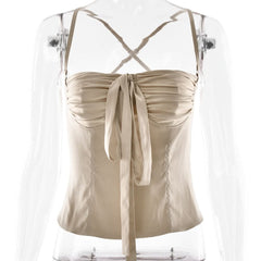 Ruched cross back zip-up bowknot top