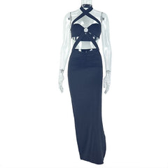 Halter o ring hollow out padded slit cut out maxi dress