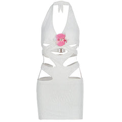 Halter hollow out flower applique cut out mini dress