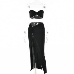 Sweetheart neck ruched slit maxi skirt set