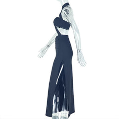 Halter o ring hollow out padded slit cut out maxi dress