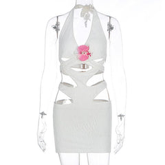 Halter hollow out flower applique cut out mini dress