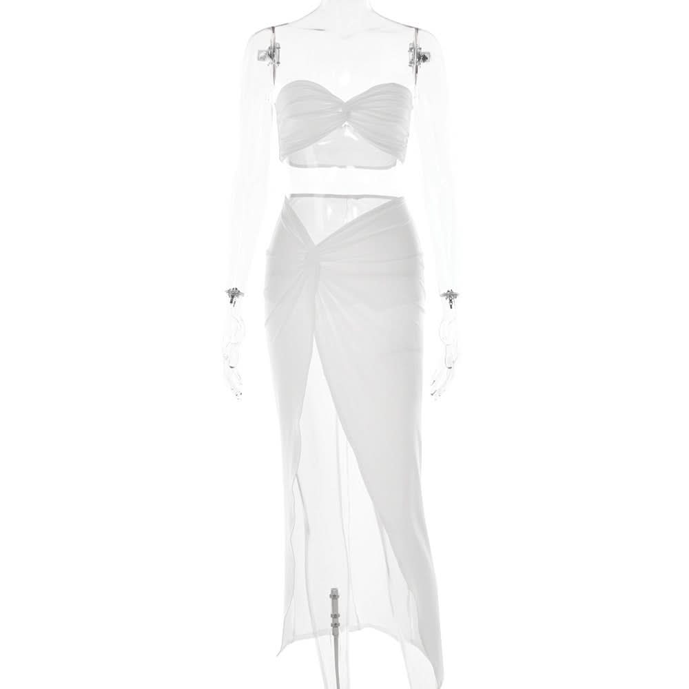 Sweetheart neck ruched slit maxi skirt set