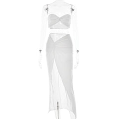 Sweetheart neck ruched slit maxi skirt set