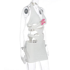 Halter hollow out flower applique cut out mini dress