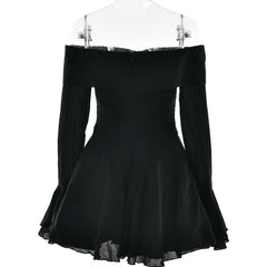 Off shoulder long flared mesh bowknot mini dress