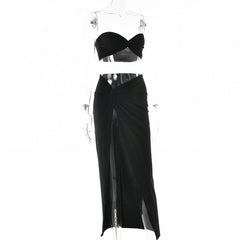 Sweetheart neck ruched slit maxi skirt set
