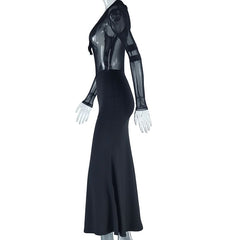 Long sleeve mesh patchwork maxi dress