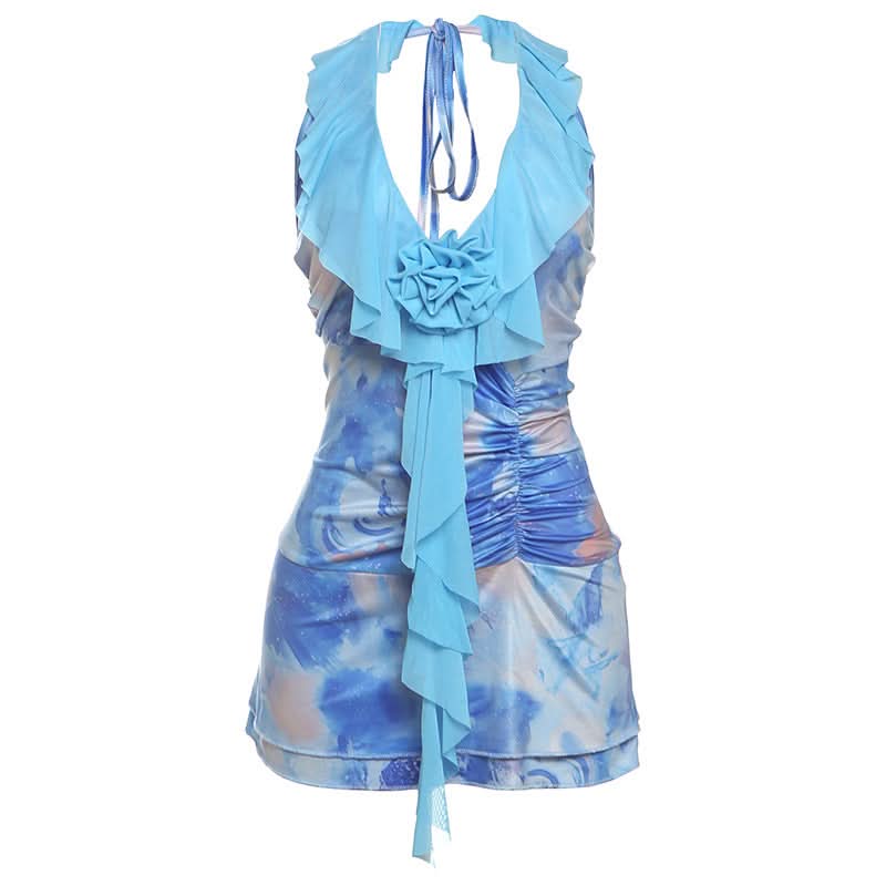 Halter contrast flower applique ruched mini dress
