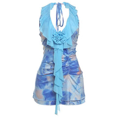 Halter contrast flower applique ruched mini dress