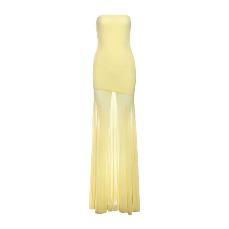 Mesh patchwork solid tube maxi dress