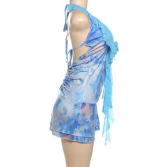 Halter contrast flower applique ruched mini dress