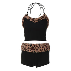 Leopard print halter fluffy beaded short pant set