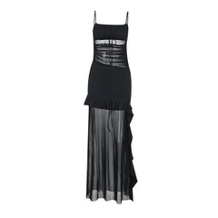 Mesh ruffle slit ruched square neck cami maxi dress