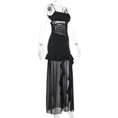 Mesh ruffle slit ruched square neck cami maxi dress