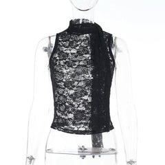 Lace see through crewneck solid crop top